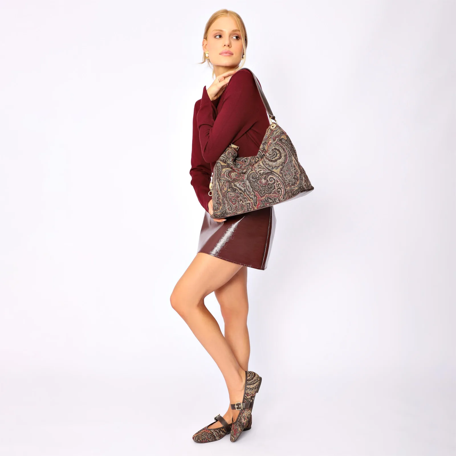 Bolsa Hobo Jacquard Paisley /Couro Marrom Escuro