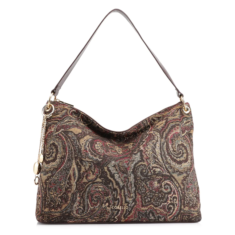 Bolsa Hobo Jacquard Paisley /Couro Marrom Escuro