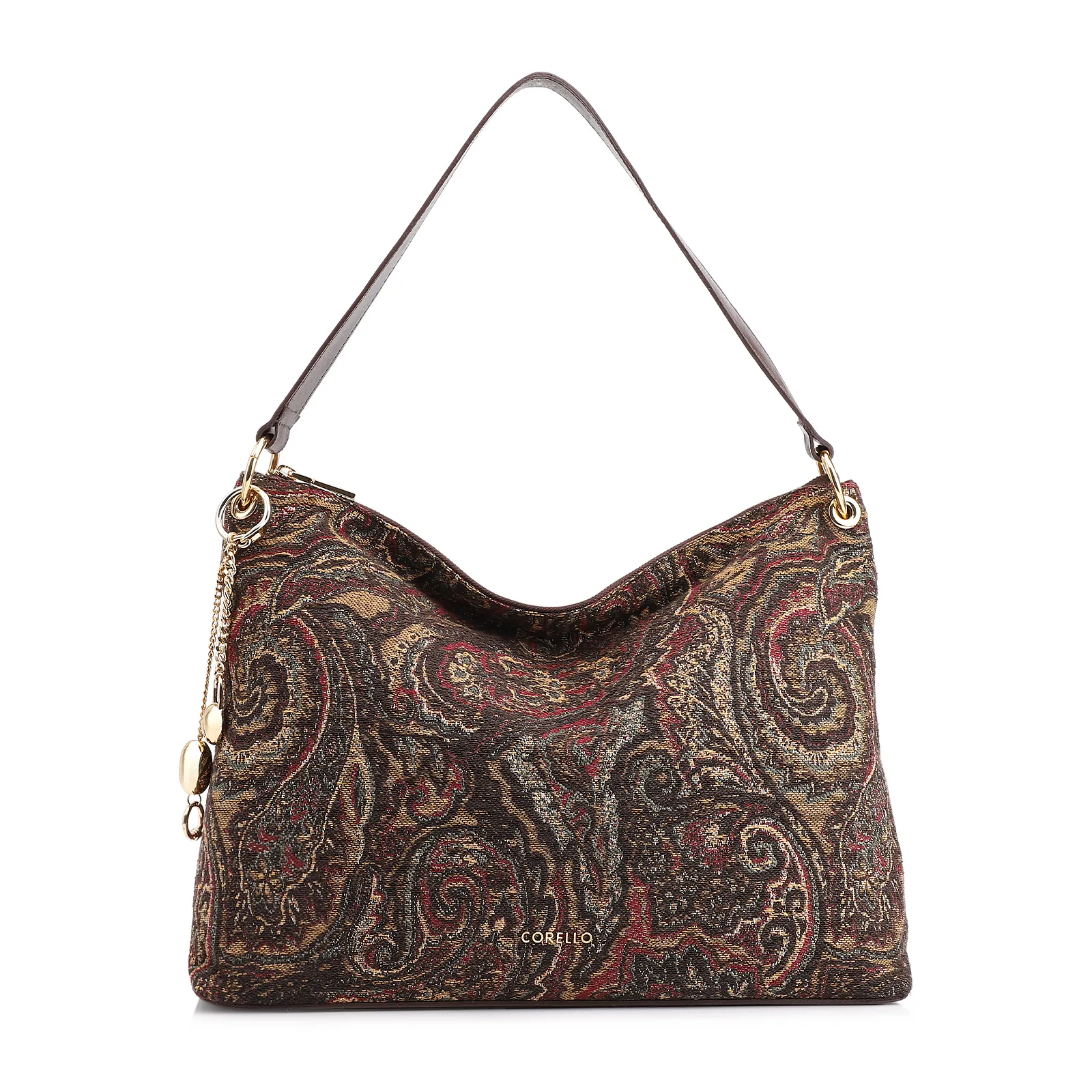Bolsa Hobo Jacquard Paisley /Couro Marrom Escuro