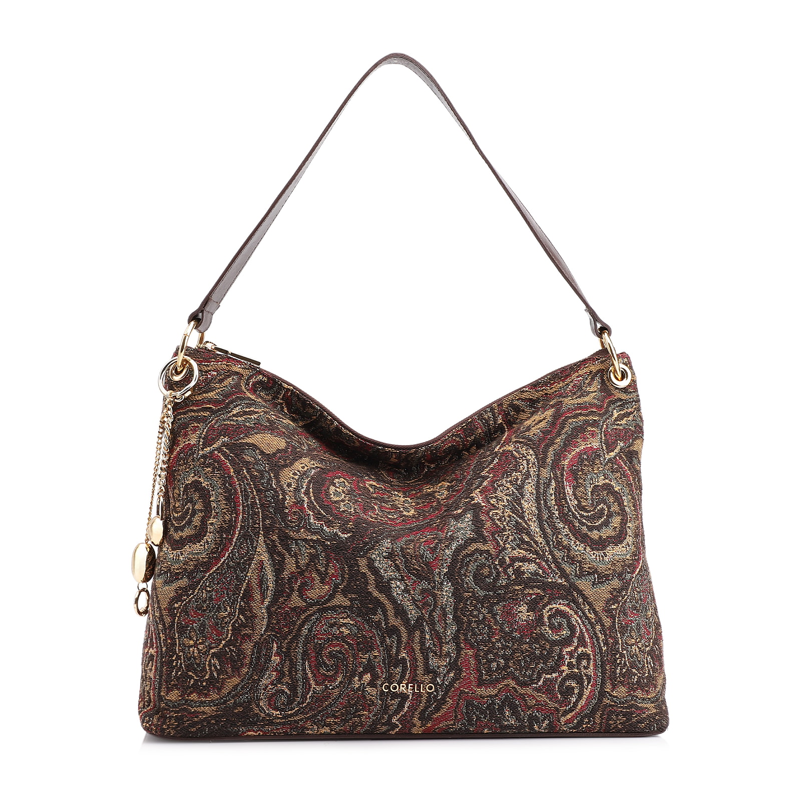 Bolsa Hobo Jacquard Paisley /Couro Marrom Escuro