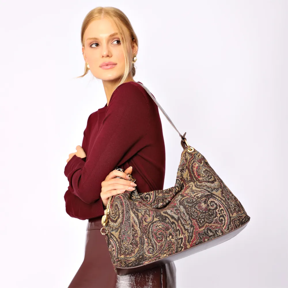 Bolsa Hobo Jacquard Paisley /Couro Marrom Escuro - imagem 2