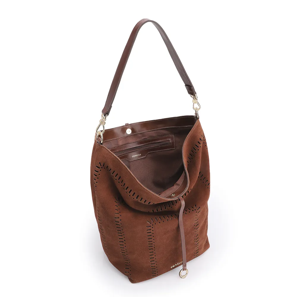 Bolsa Hobo Laser Cut Couro Camurça/Couro Marrom Escuro - imagem 4