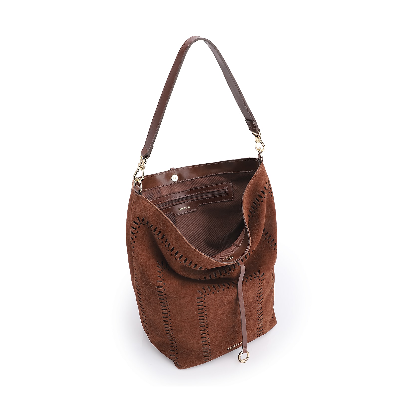 Bolsa Hobo Laser Cut Couro Camurça/Couro Marrom Escuro