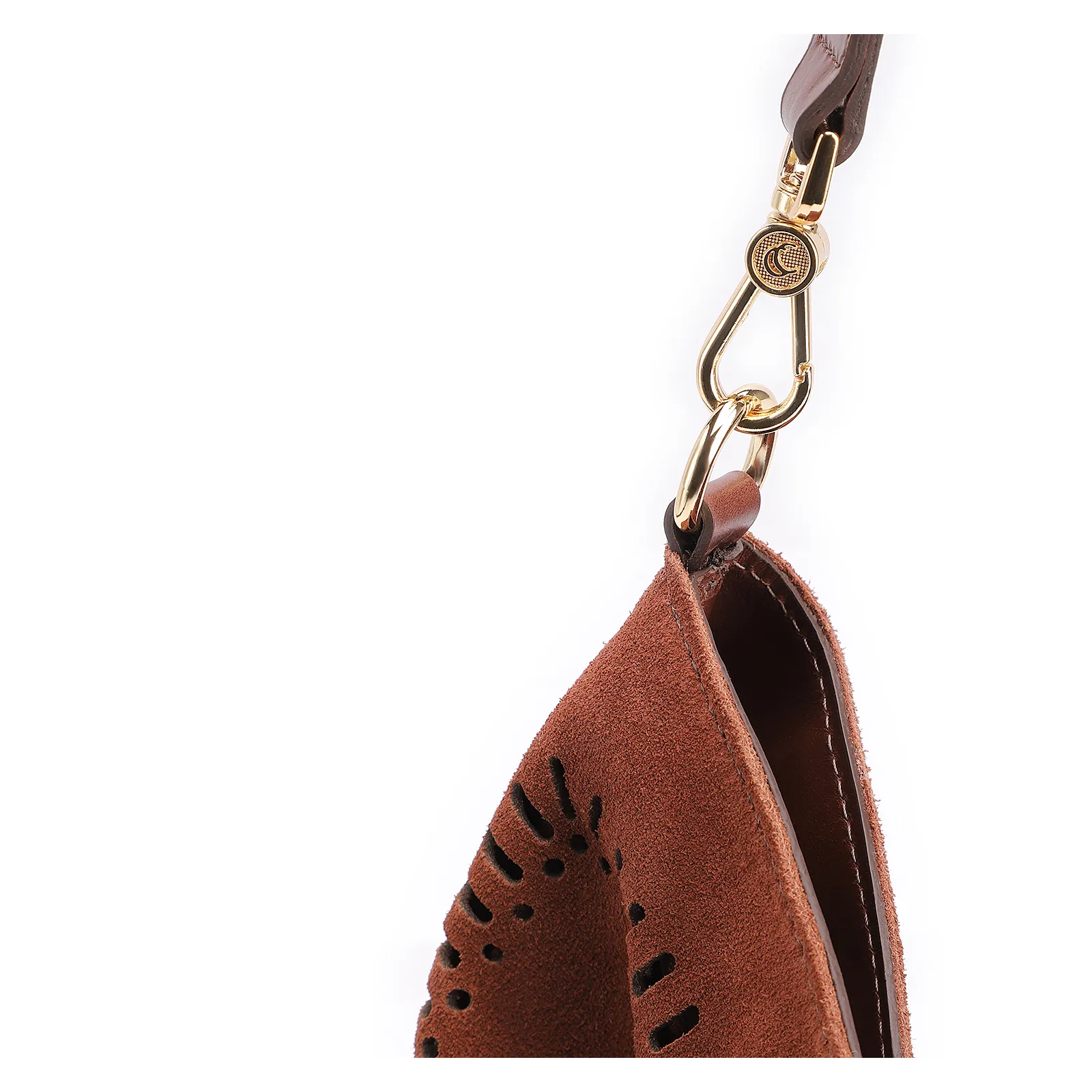 Bolsa Hobo Laser Cut Couro Camurça/Couro Marrom Escuro