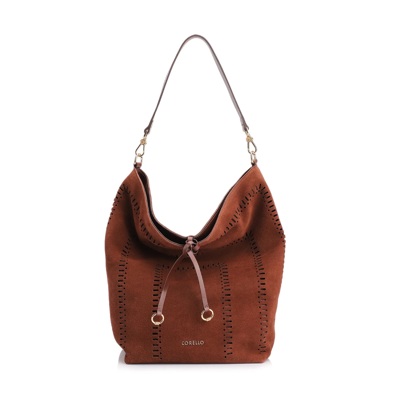 Bolsa Hobo Laser Cut Couro Camurça/Couro Marrom Escuro