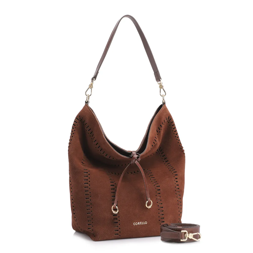 Bolsa Hobo Laser Cut Couro Camurça/Couro Marrom Escuro - imagem 2