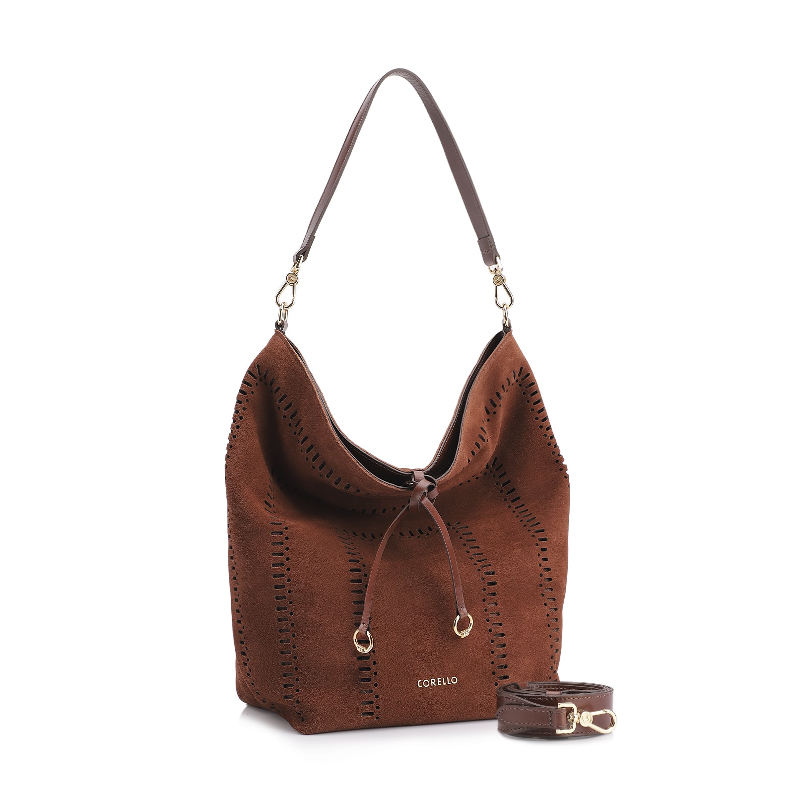 Bolsa Hobo Laser Cut Couro Camurça/Couro Marrom Escuro
