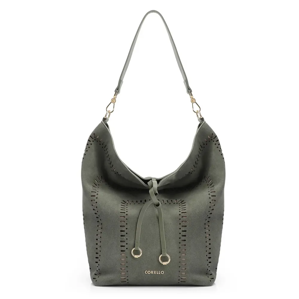 Bolsa Hobo Laser Cut Couro Camurça/Couro Verde