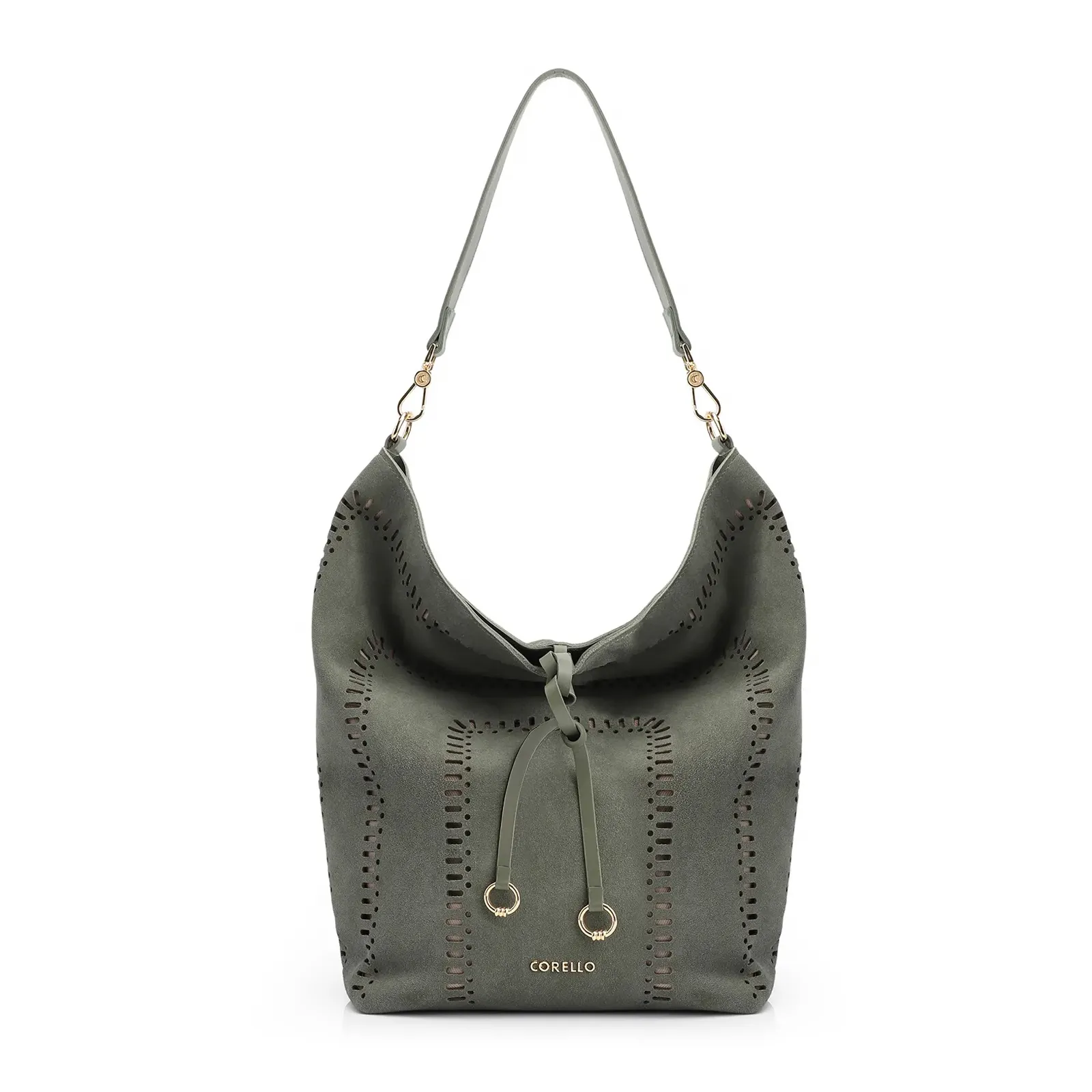 Bolsa Hobo Laser Cut Couro Camurça/Couro Verde