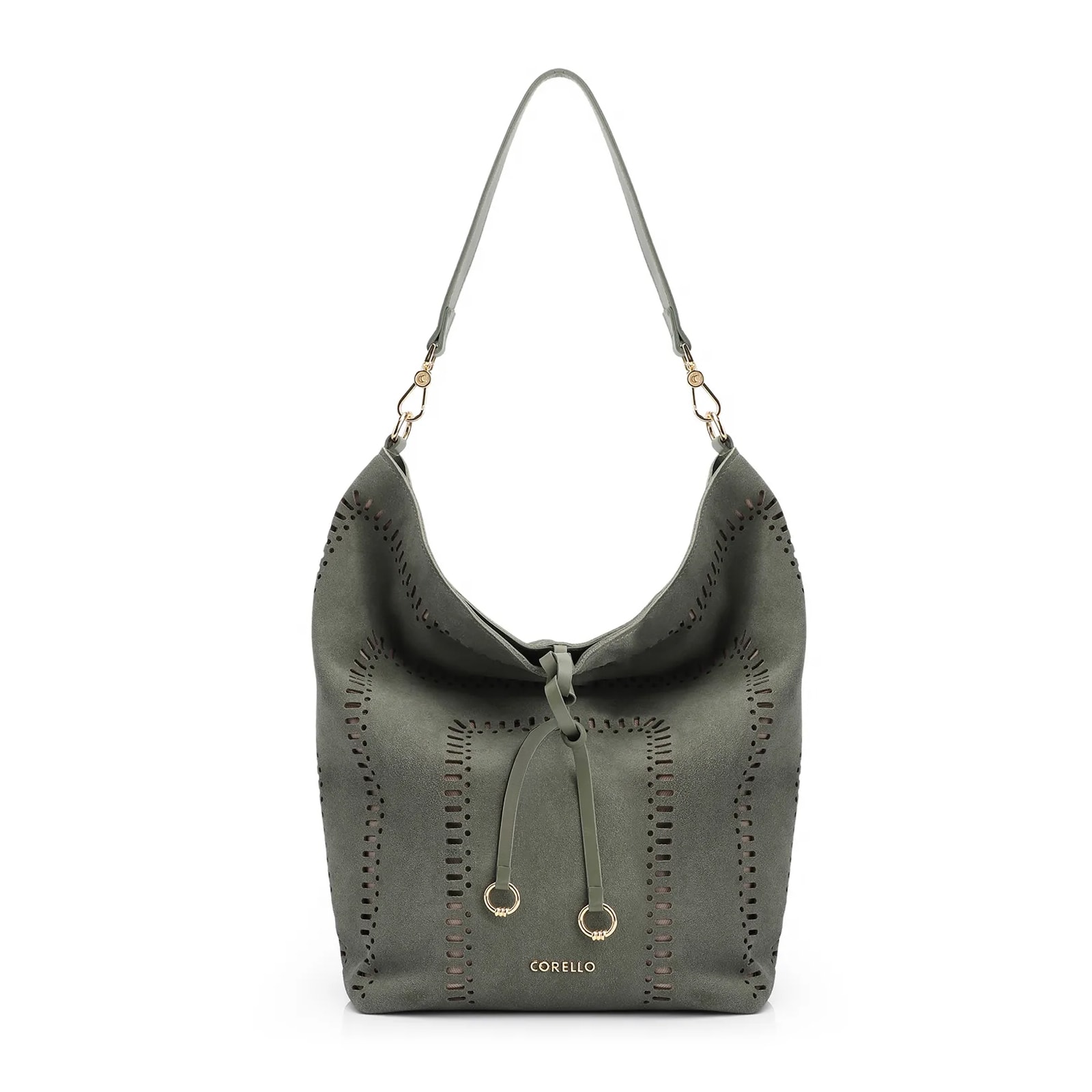 Bolsa Hobo Laser Cut Couro Camurça/Couro Verde