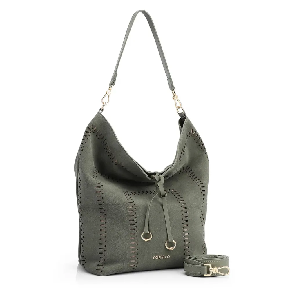 Bolsa Hobo Laser Cut Couro Camurça/Couro Verde - imagem 2