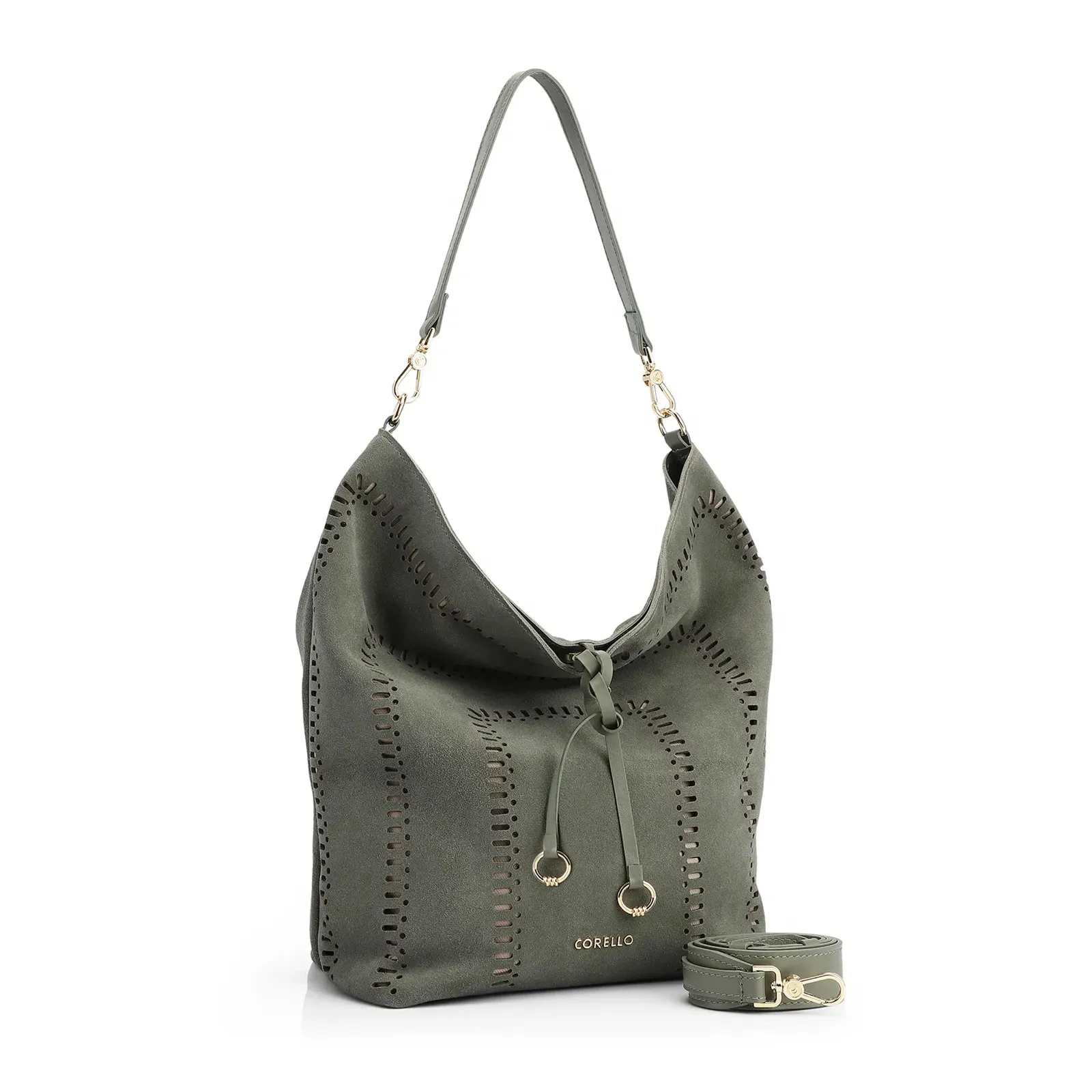 Bolsa Hobo Laser Cut Couro Camurça/Couro Verde