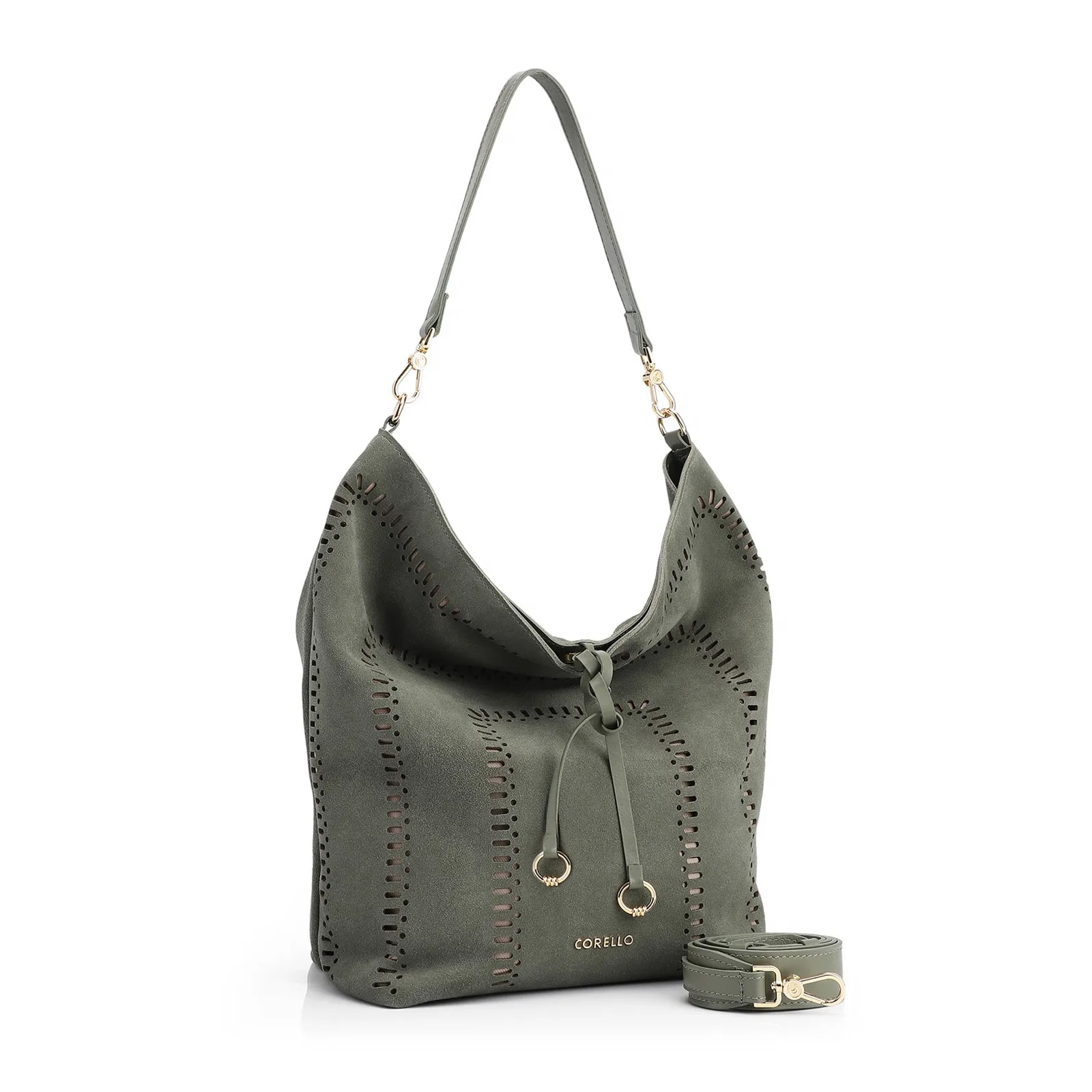 Bolsa Hobo Laser Cut Couro Camurça/Couro Verde