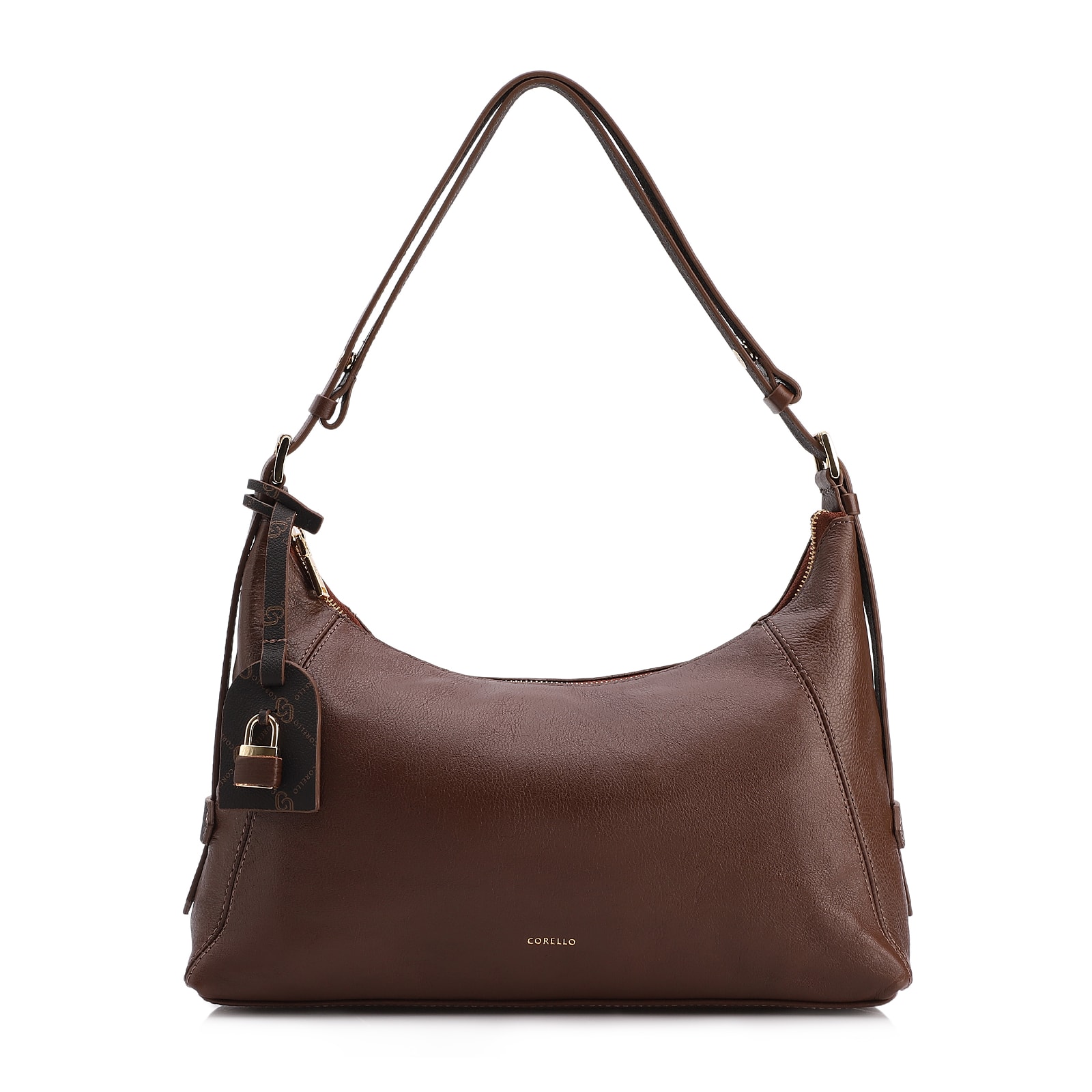 Bolsa Hobo Marrom Média Couro Pingente Monograma