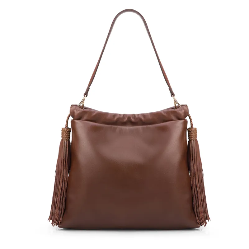 Bolsa Hobo Média Couro Marrom Barbicachos Laterais - foto 3