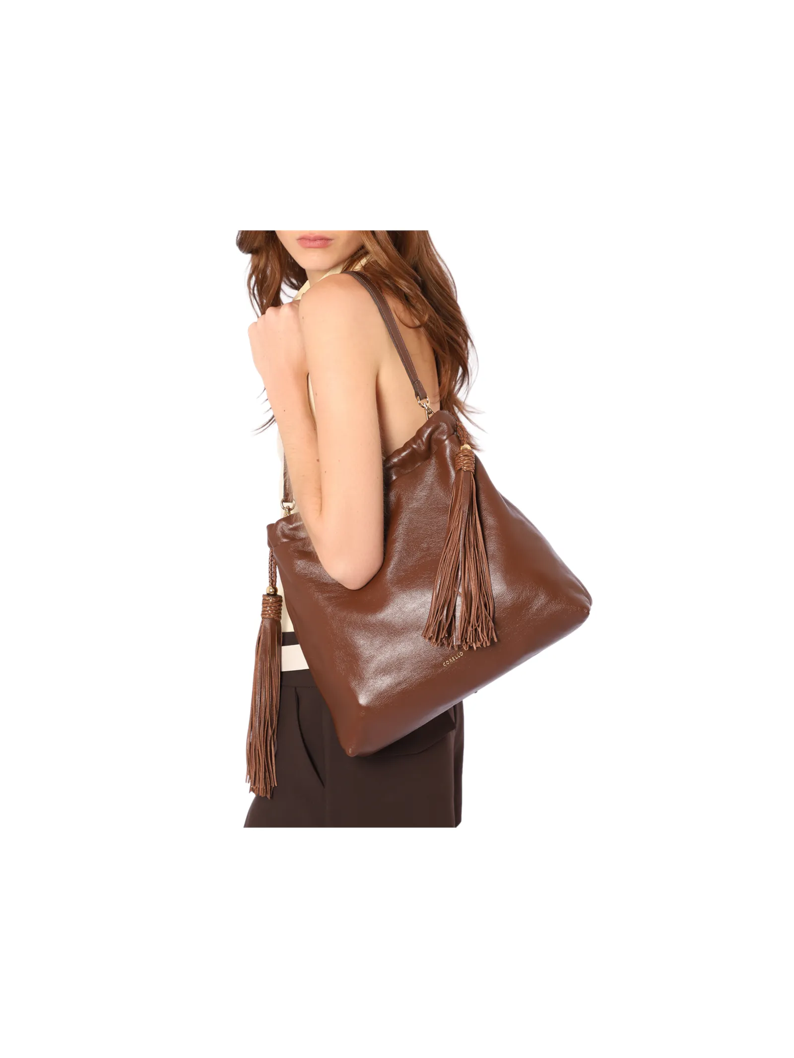 Bolsa Hobo Média Couro Marrom Barbicachos Laterais