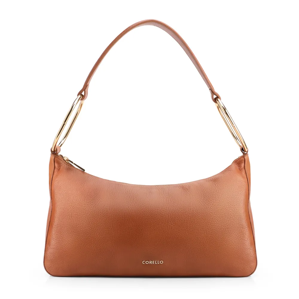 Bolsa Hobo Média Couro Marrom Claro Argolas Douradas Laterais