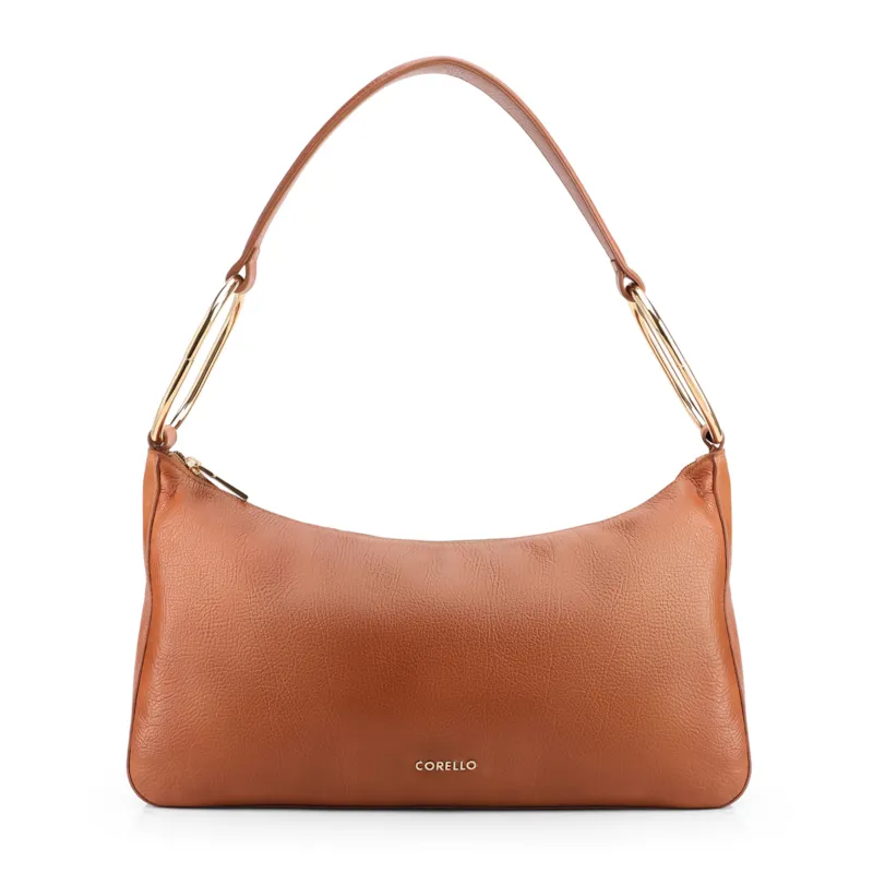 Bolsa Hobo Média Couro Marrom Claro Argolas Douradas Laterais