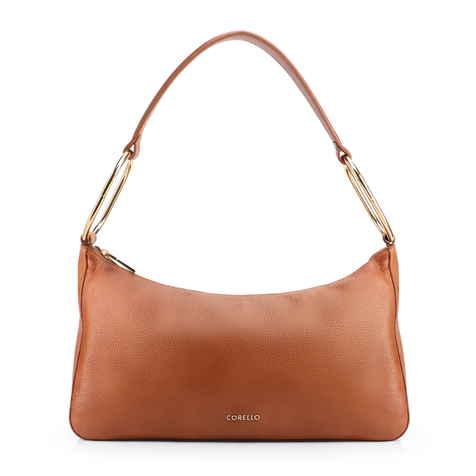 Bolsa Hobo Média Couro Marrom Claro Argolas Douradas Laterais