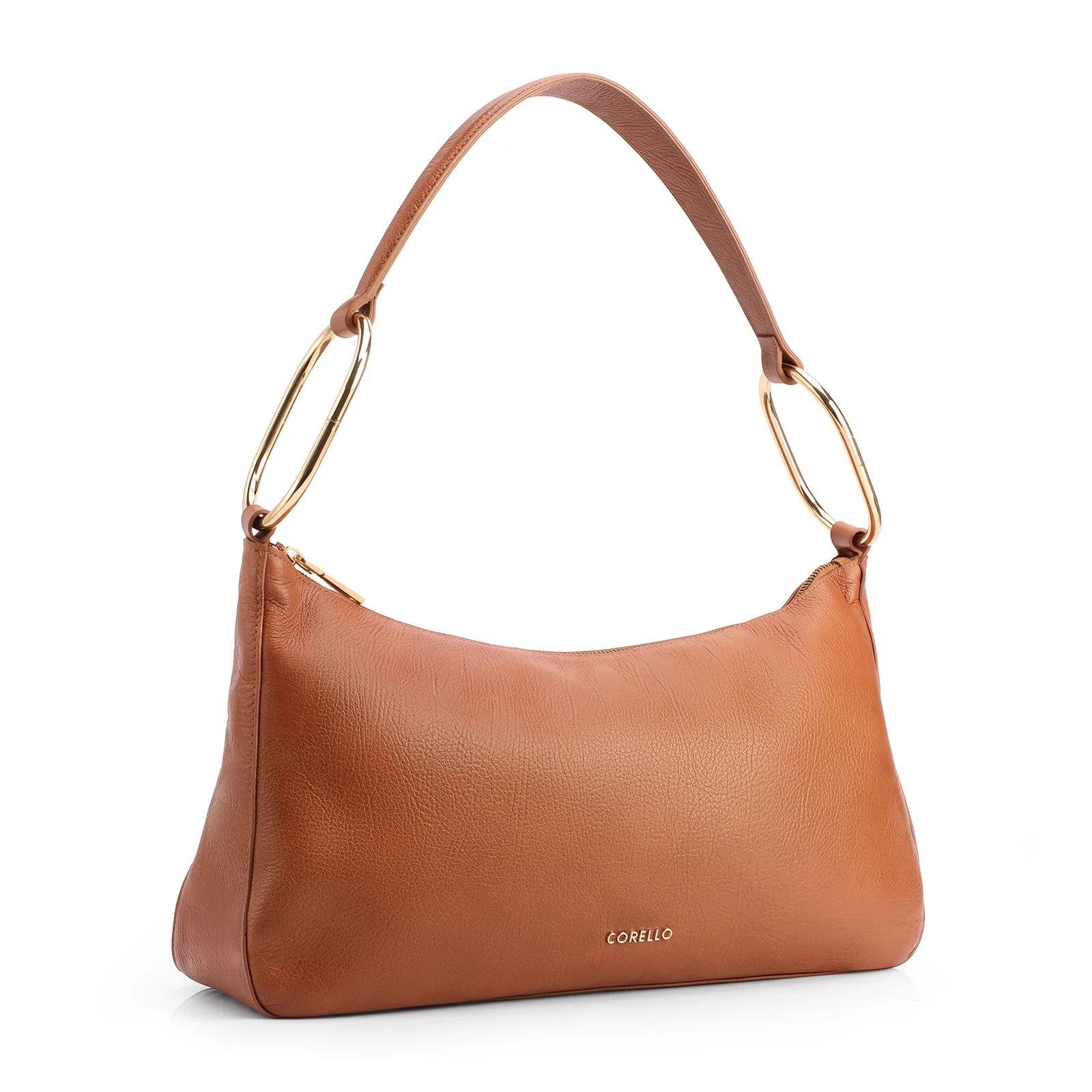 Bolsa Hobo Média Couro Marrom Claro Argolas Douradas Laterais