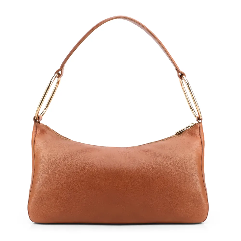 Bolsa Hobo Média Couro Marrom Claro Argolas Douradas Laterais - imagem 3