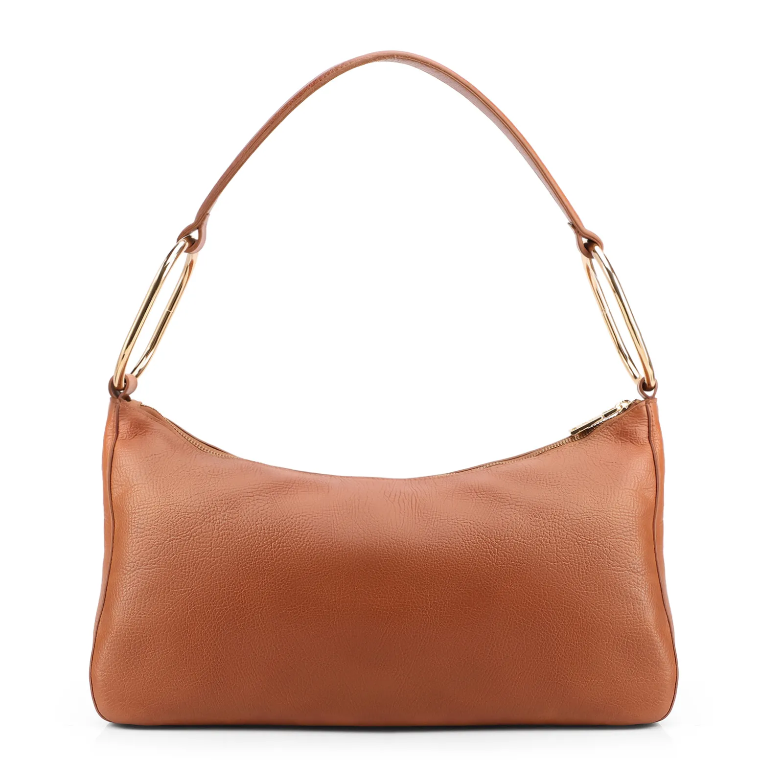 Bolsa Hobo Média Couro Marrom Claro Argolas Douradas Laterais