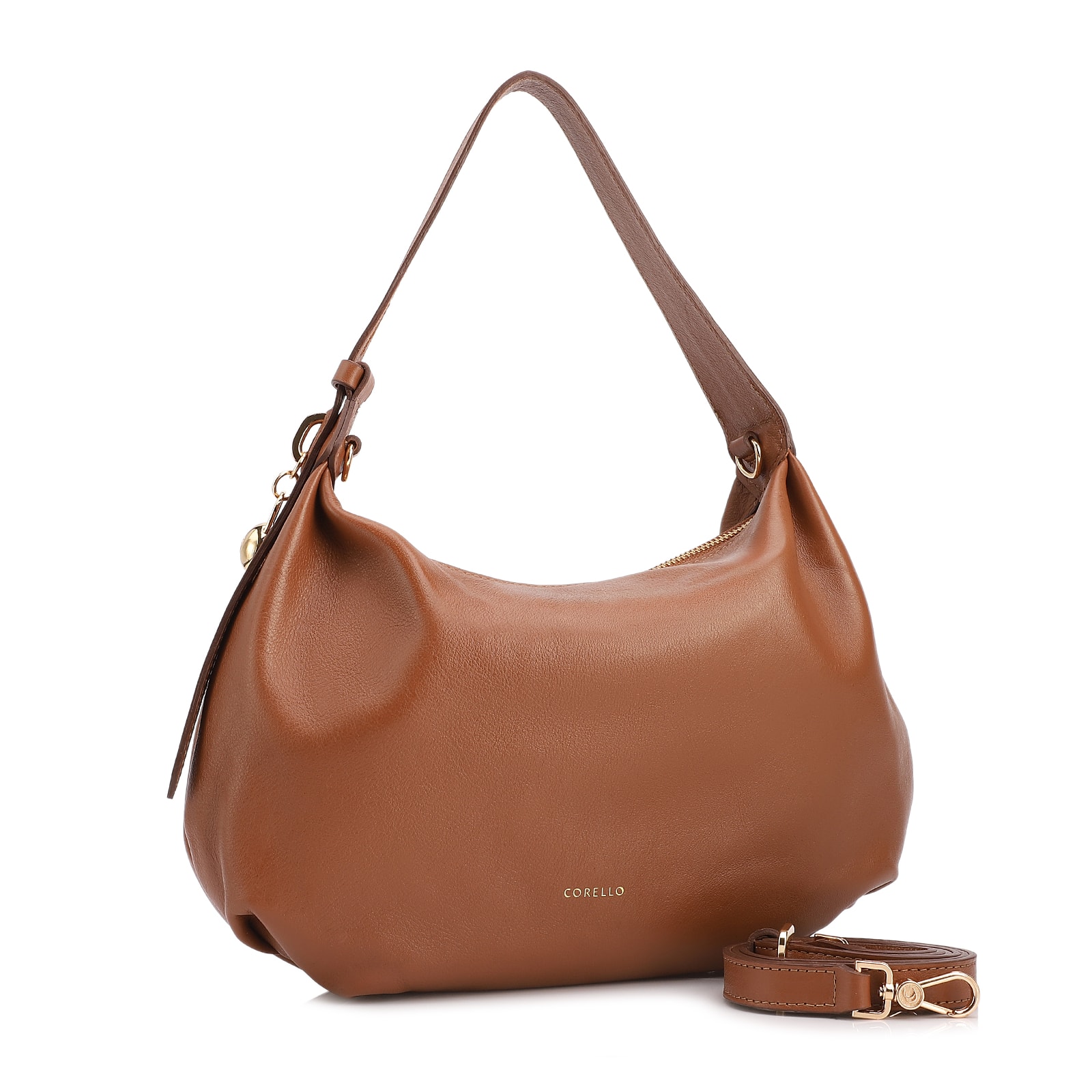 Bolsa Hobo Média Couro Marrom Claro Pingente Lateral
