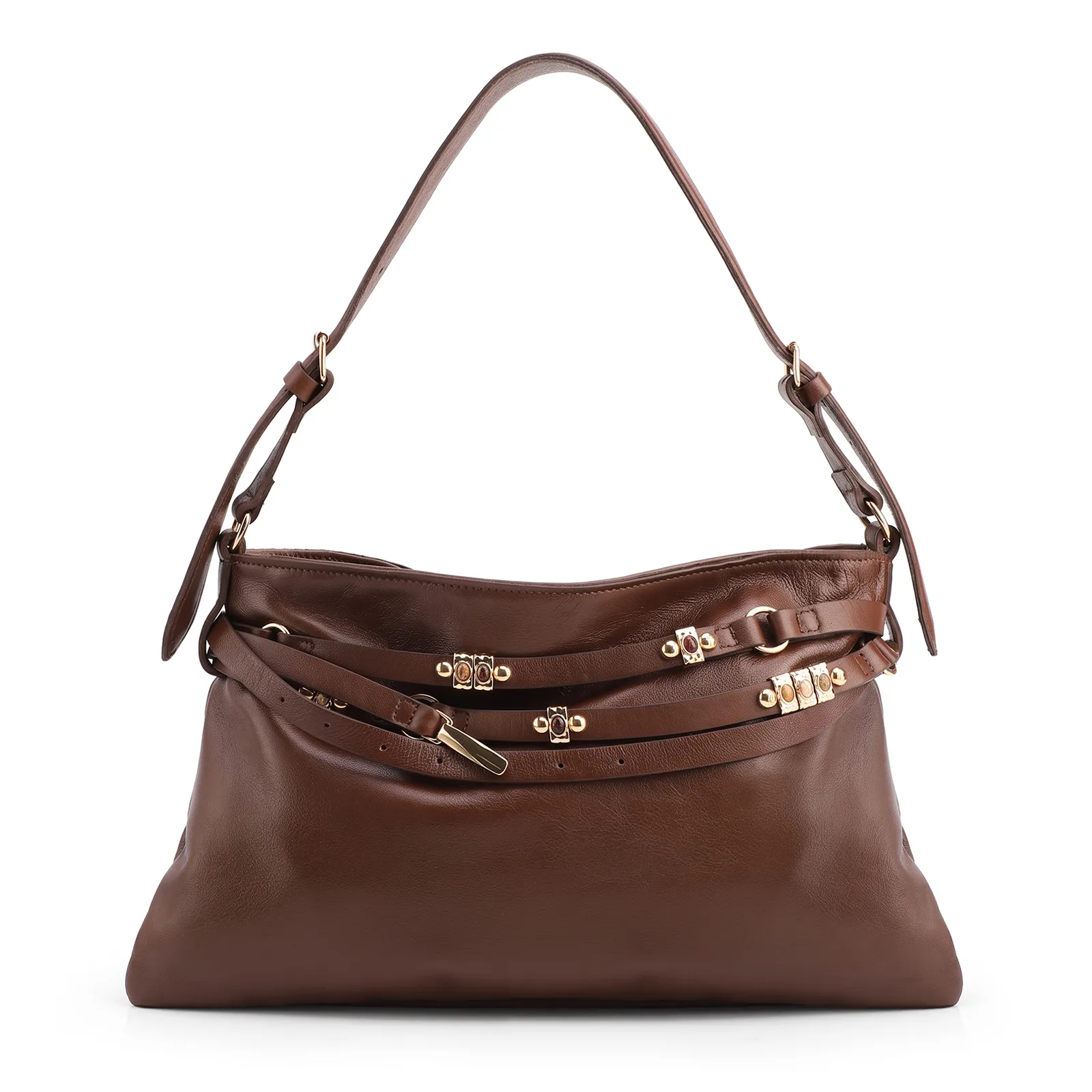 Bolsa Hobo Média Couro Marrom Tiras Frontais Pedras