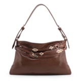 Bolsa Hobo Média Couro Marrom Tiras Frontais Pedras