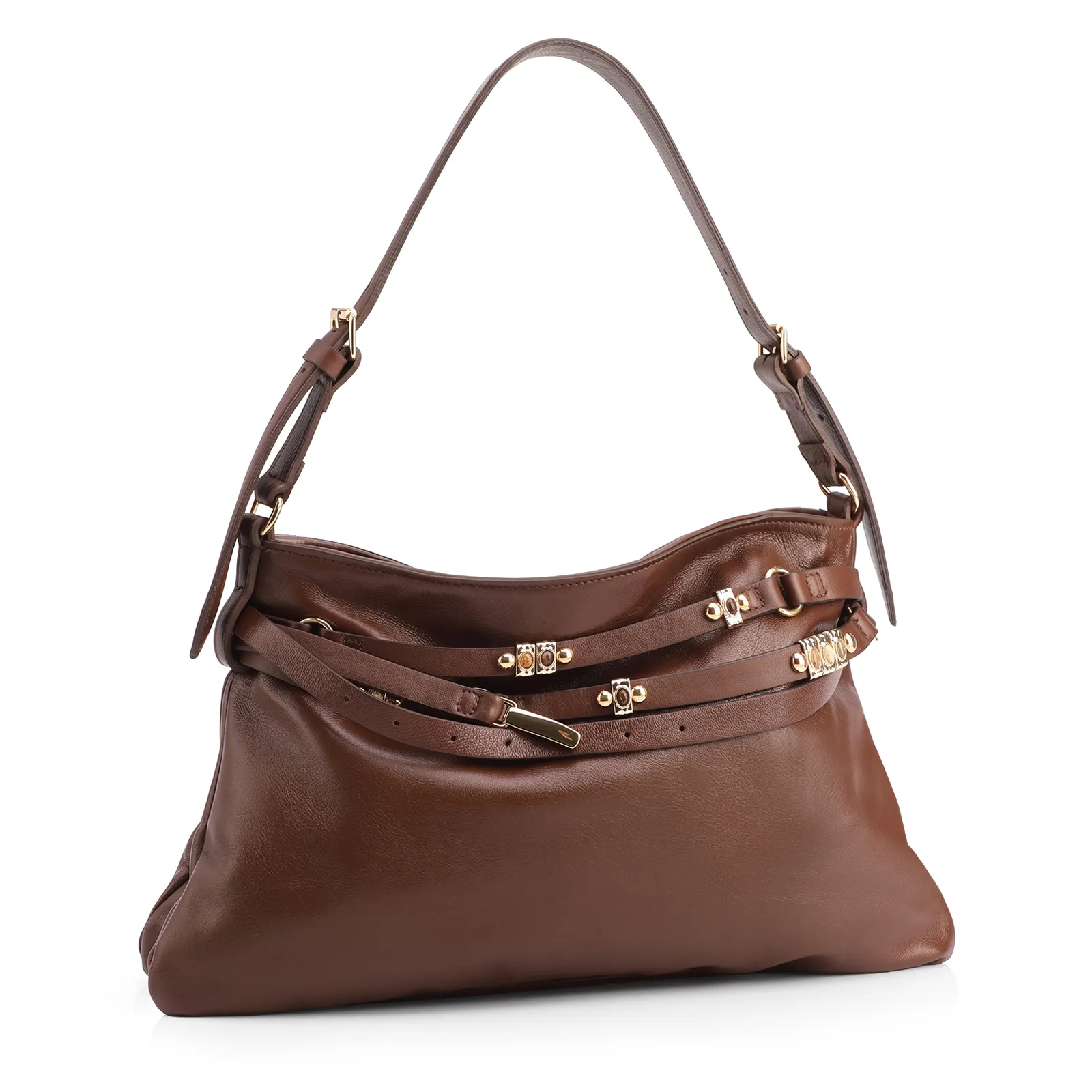Bolsa Hobo Média Couro Marrom Tiras Frontais Pedras