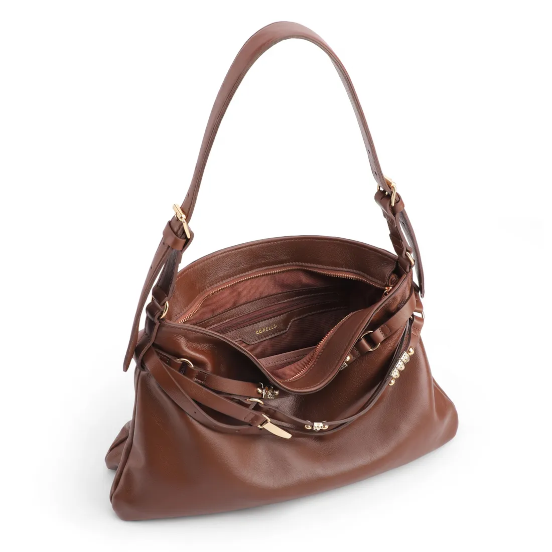 Bolsa Hobo Média Couro Marrom Tiras Frontais Pedras - foto 4
