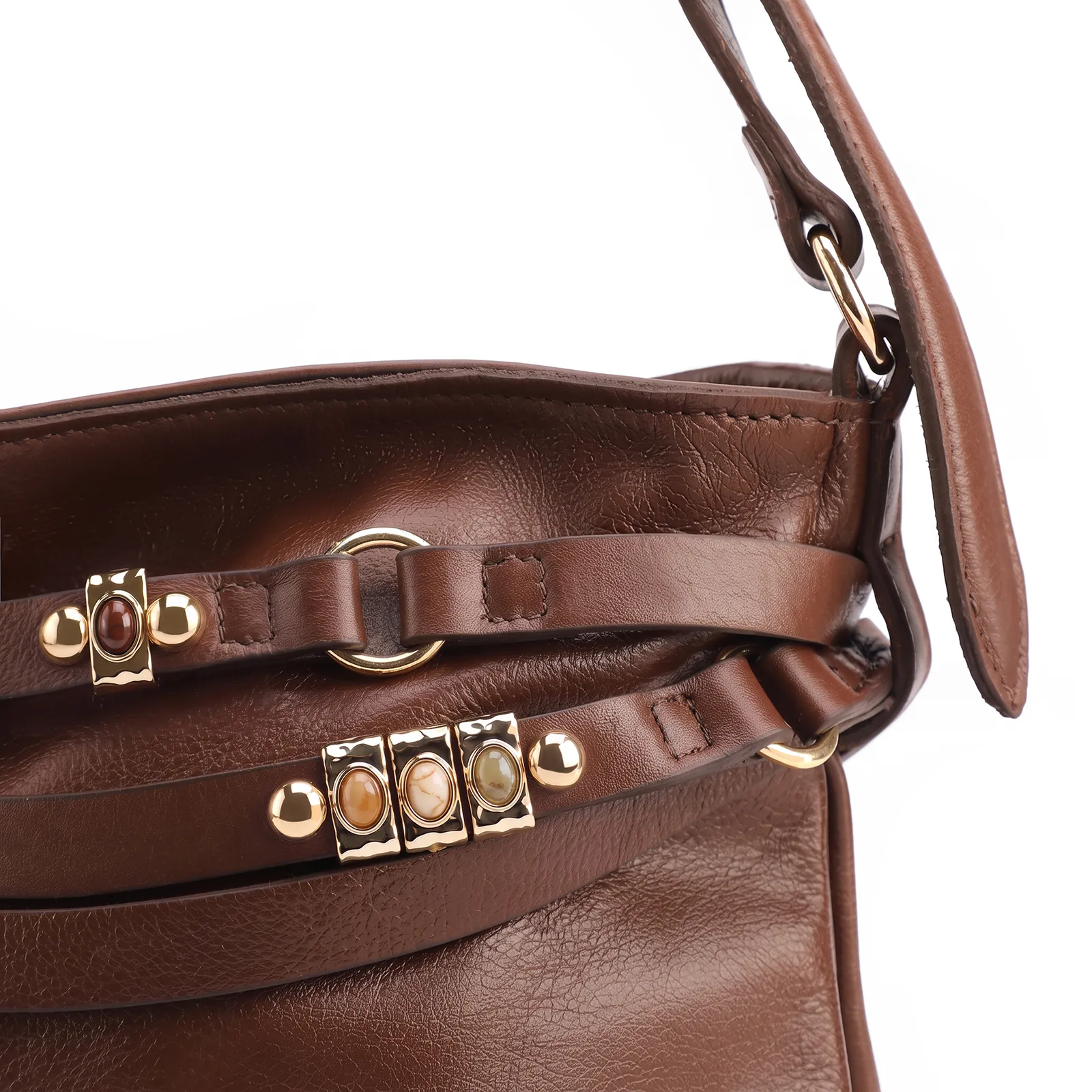Bolsa Hobo Média Couro Marrom Tiras Frontais Pedras