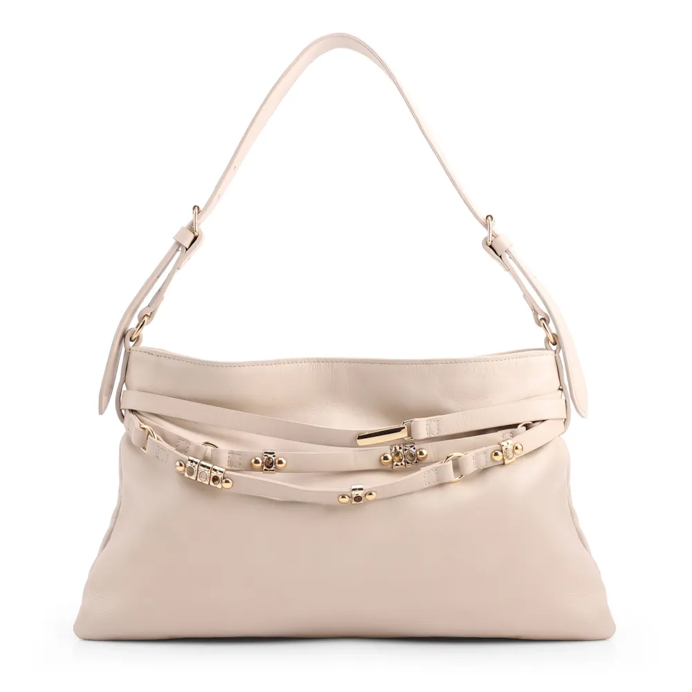 Bolsa Hobo Média Couro Off White Tiras Frontais Pedras