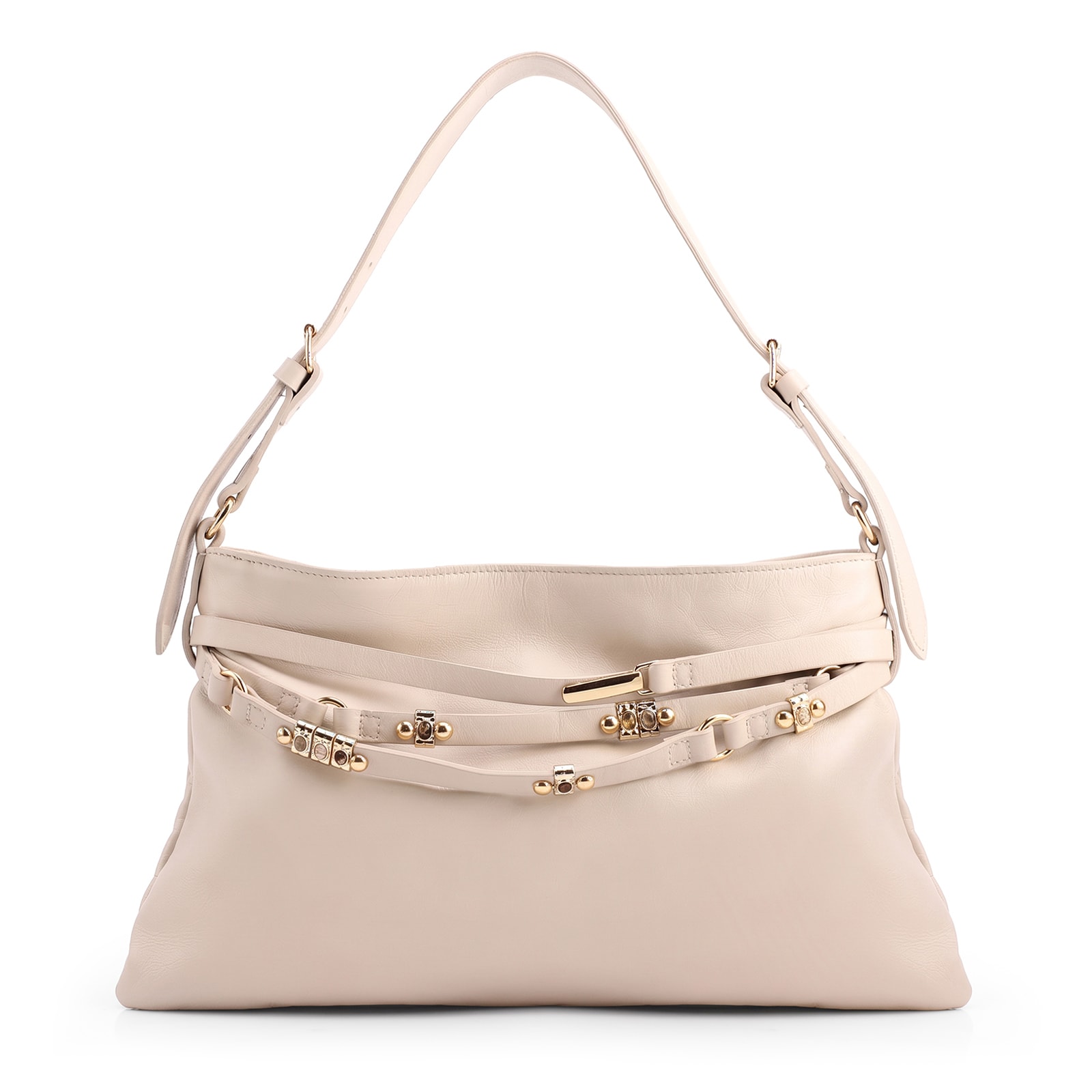 Bolsa Hobo Média Couro Off White Tiras Frontais Pedras