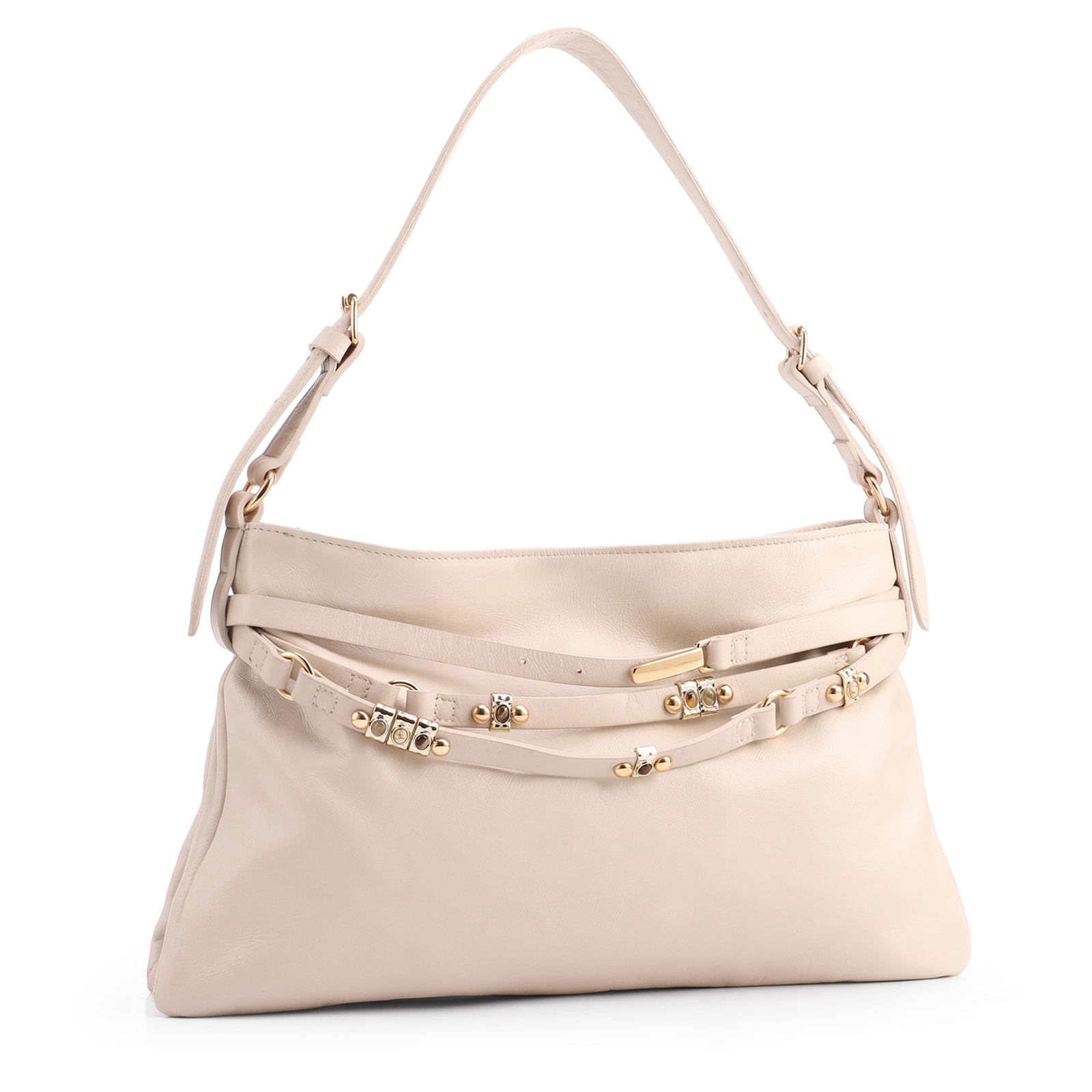 Bolsa Hobo Média Couro Off White Tiras Frontais Pedras