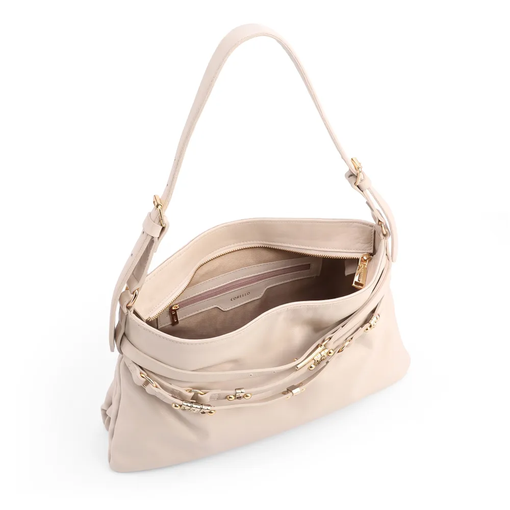 Bolsa Hobo Média Couro Off White Tiras Frontais Pedras - imagem 4