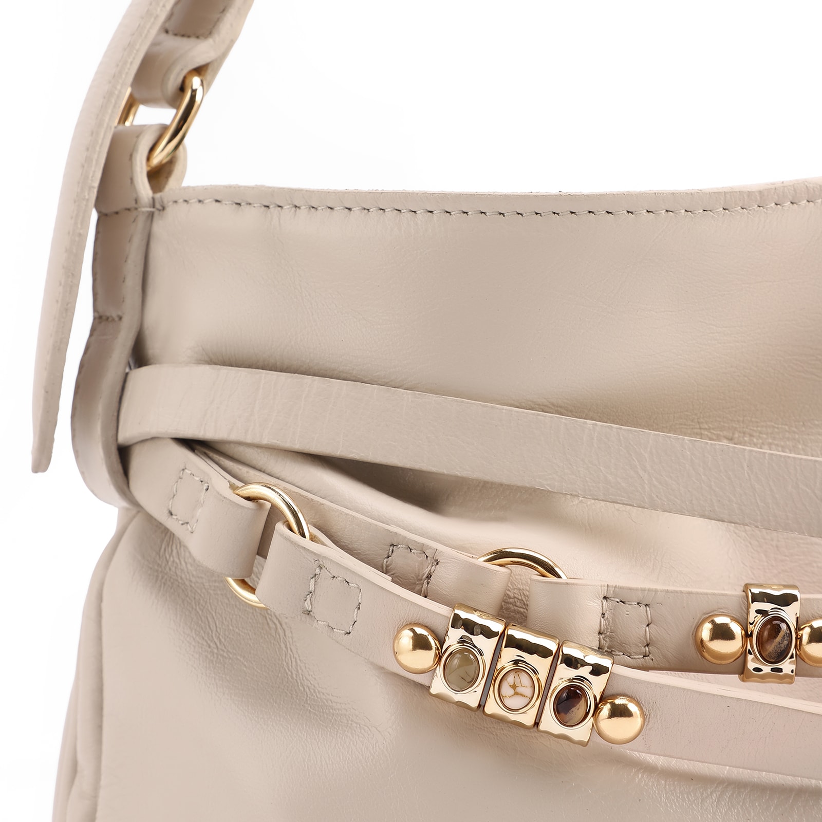 Bolsa Hobo Média Couro Off White Tiras Frontais Pedras