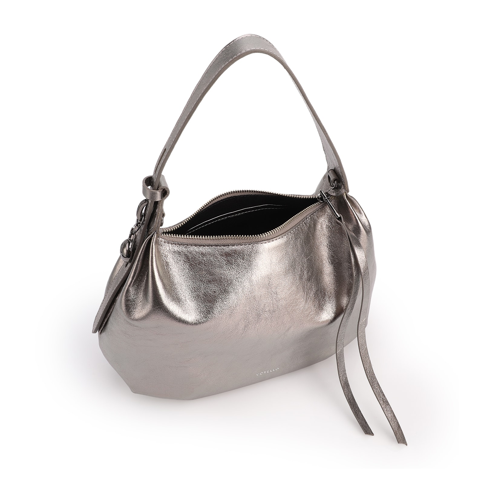 Bolsa Hobo Média Couro Prata Pingente Lateral