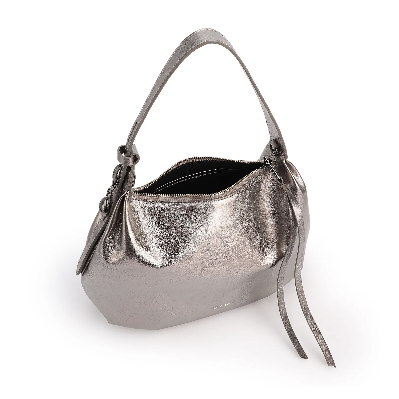 Bolsa Hobo Média Couro Prata Pingente Lateral