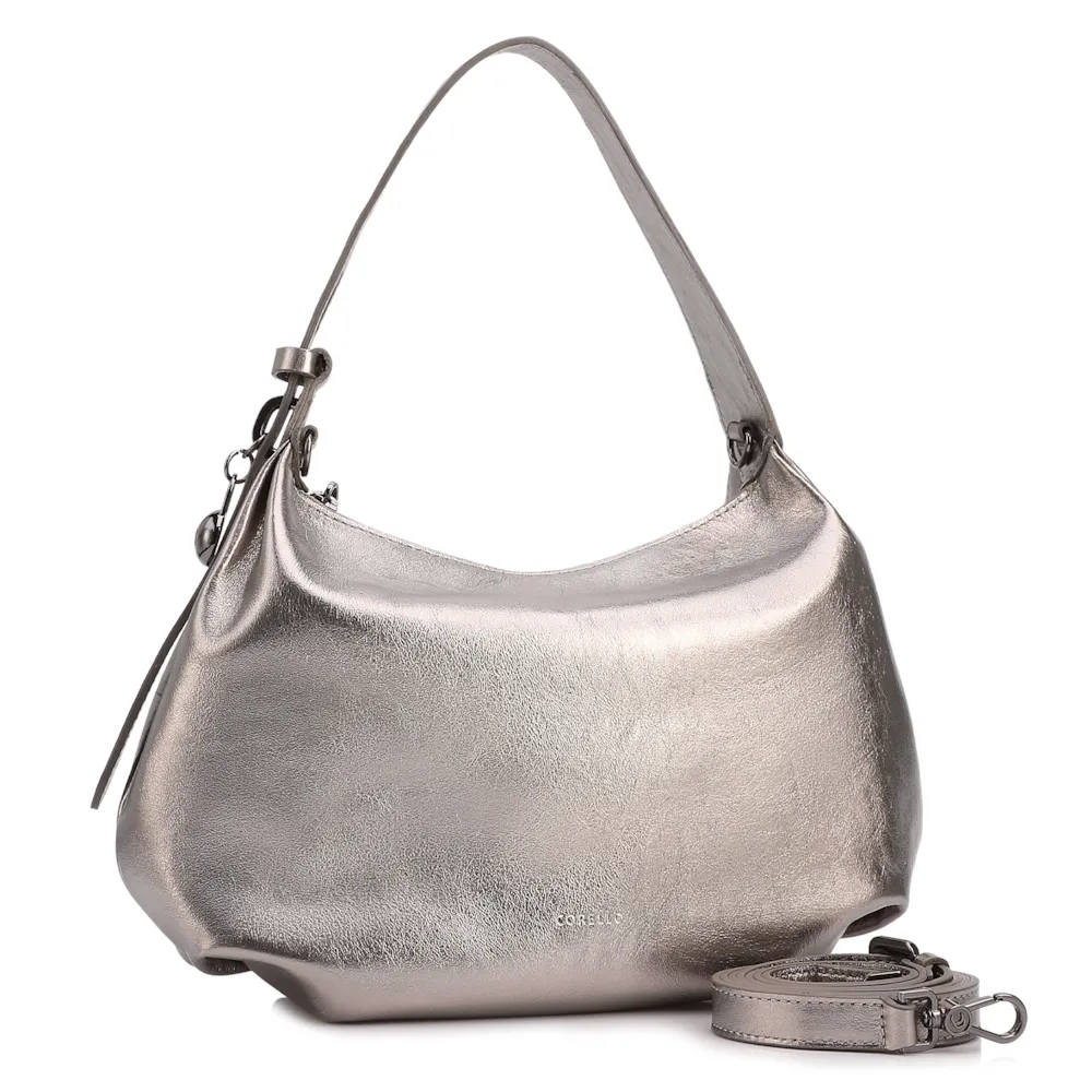 Bolsa Hobo Média Couro Prata Pingente Lateral - imagem 2