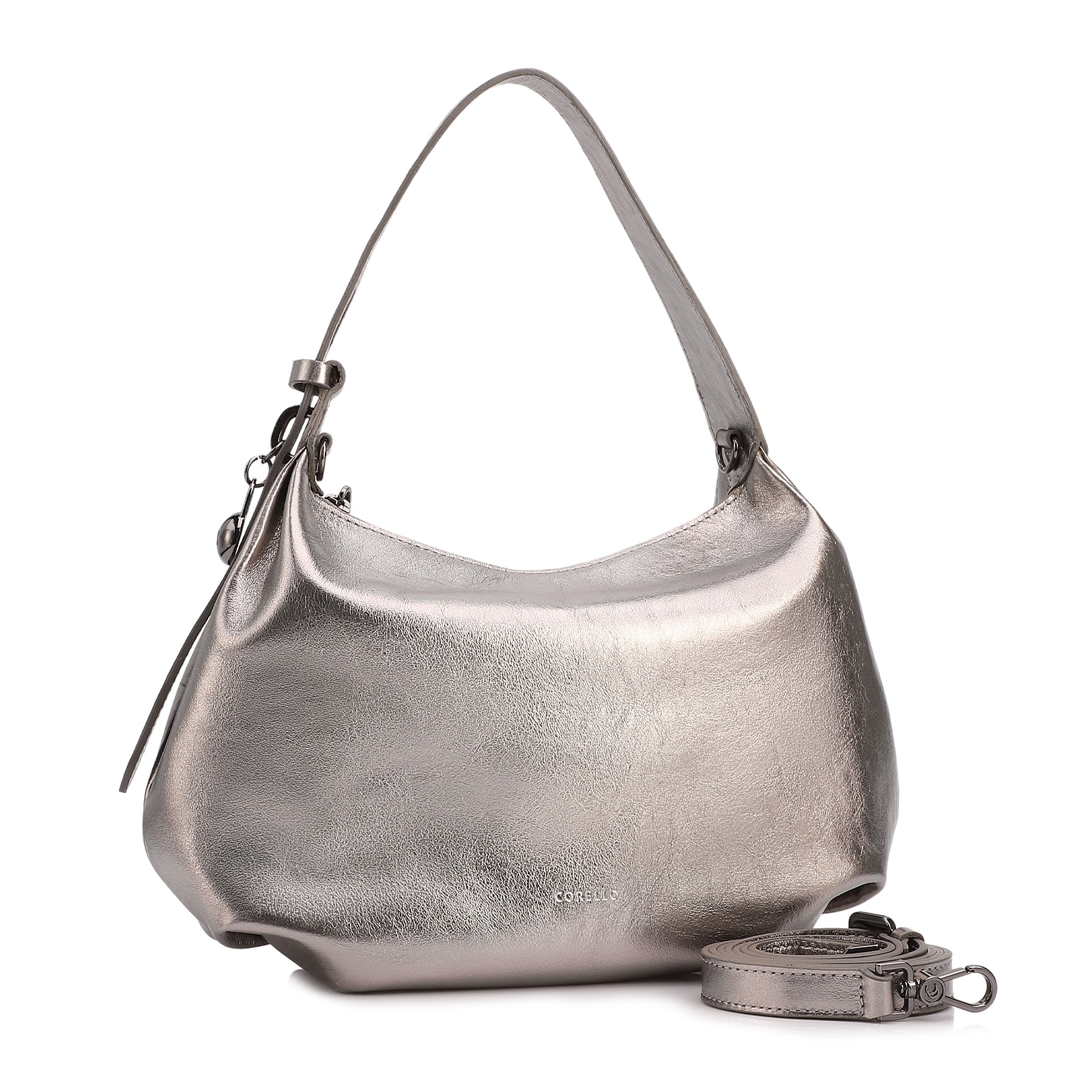 Bolsa Hobo Média Couro Prata Pingente Lateral