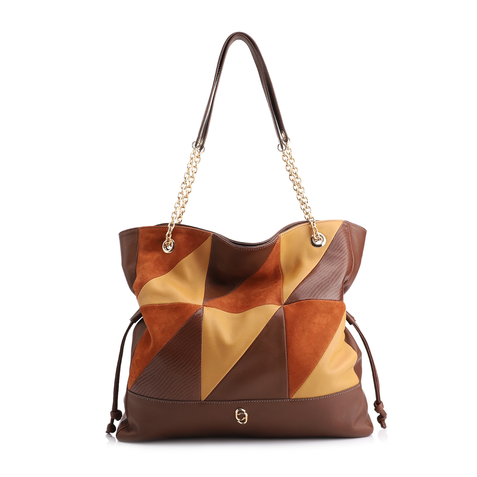 Bolsa Hobo Patchwork Couro Marrom/Patchwork Colorido