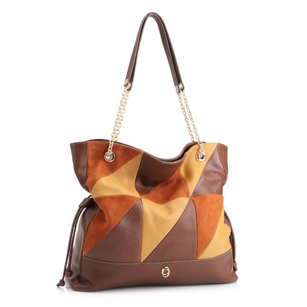 Bolsa Hobo Patchwork Couro Marrom/Patchwork Colorido - imagem 3