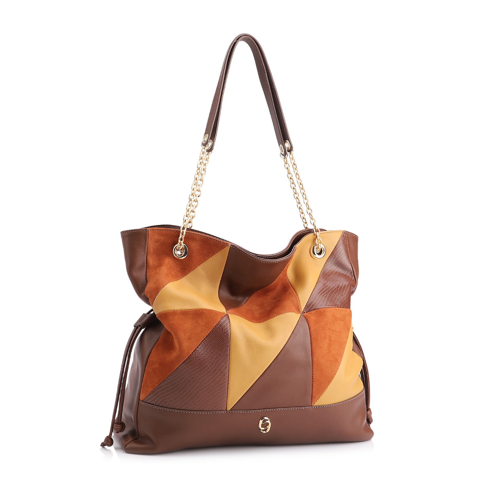 Bolsa Hobo Patchwork Couro Marrom/Patchwork Colorido