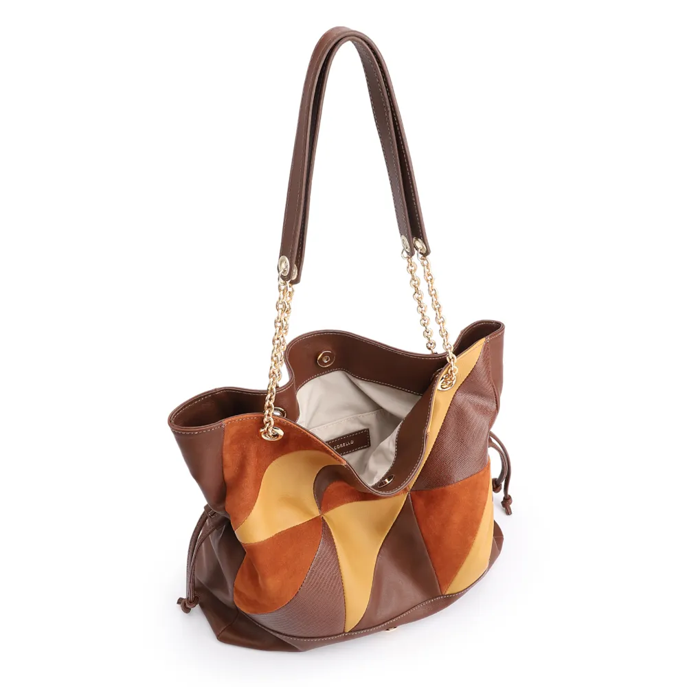 Bolsa Hobo Patchwork Couro Marrom/Patchwork Colorido - imagem 5