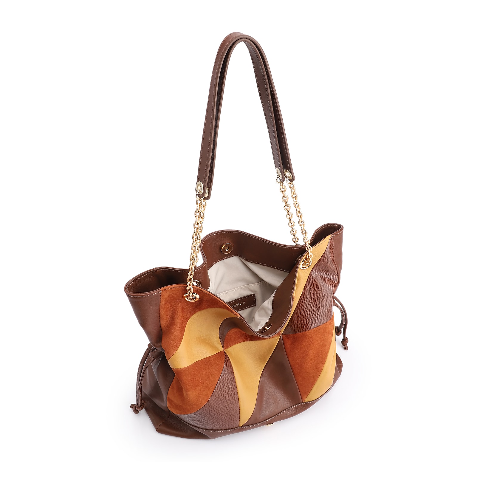 Bolsa Hobo Patchwork Couro Marrom/Patchwork Colorido