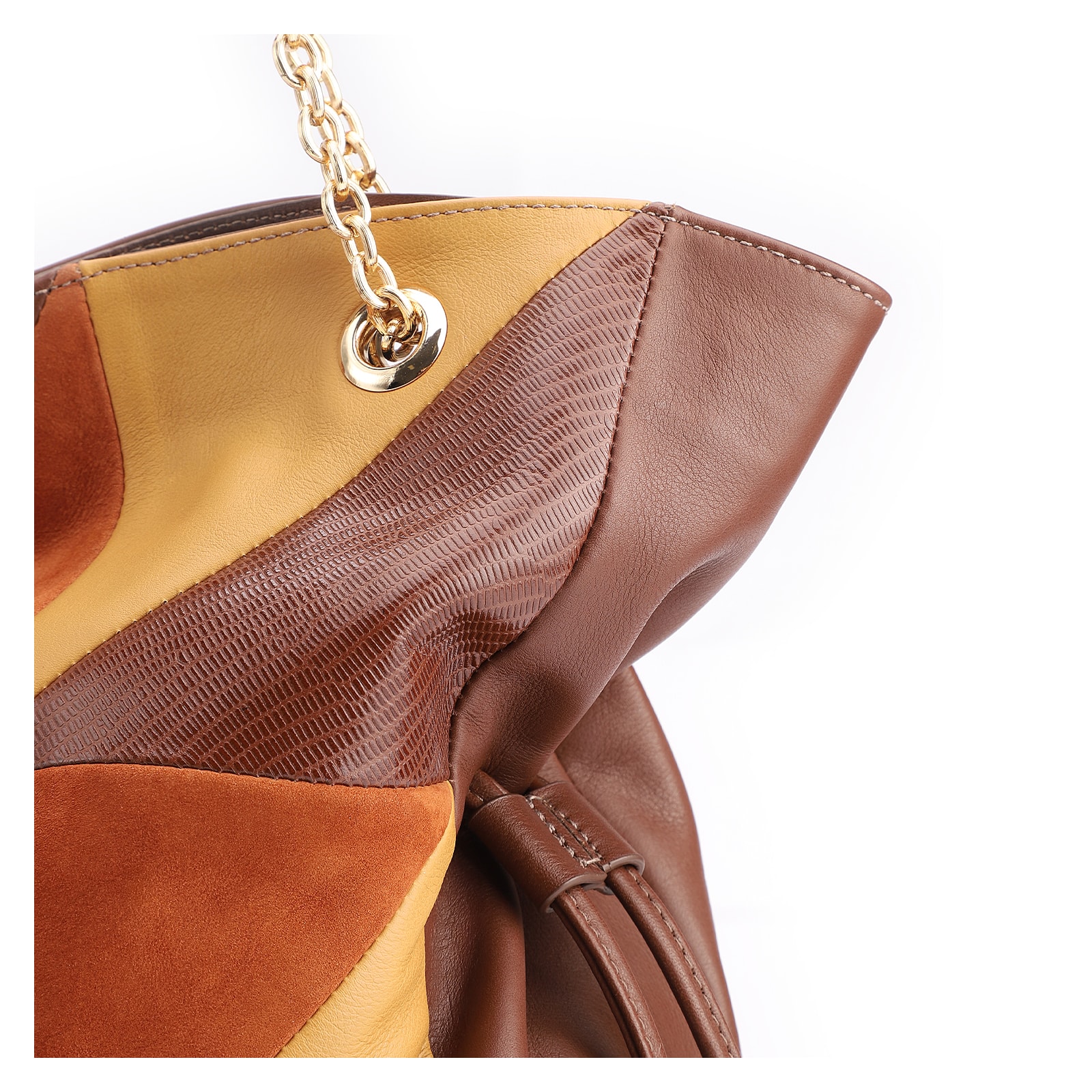 Bolsa Hobo Patchwork Couro Marrom/Patchwork Colorido