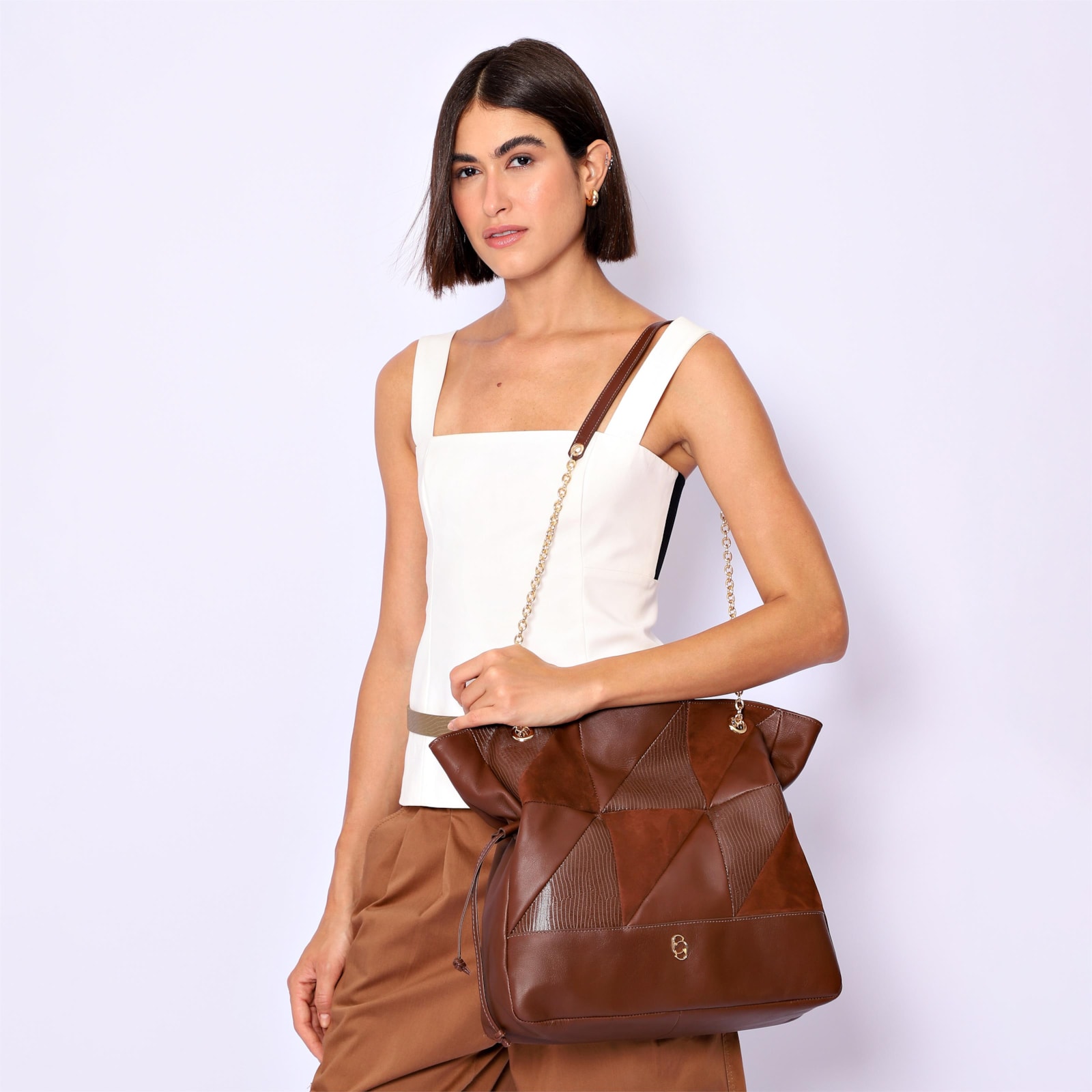 Bolsa Hobo Patchwork Couro Marrom/Patchwork Marrom