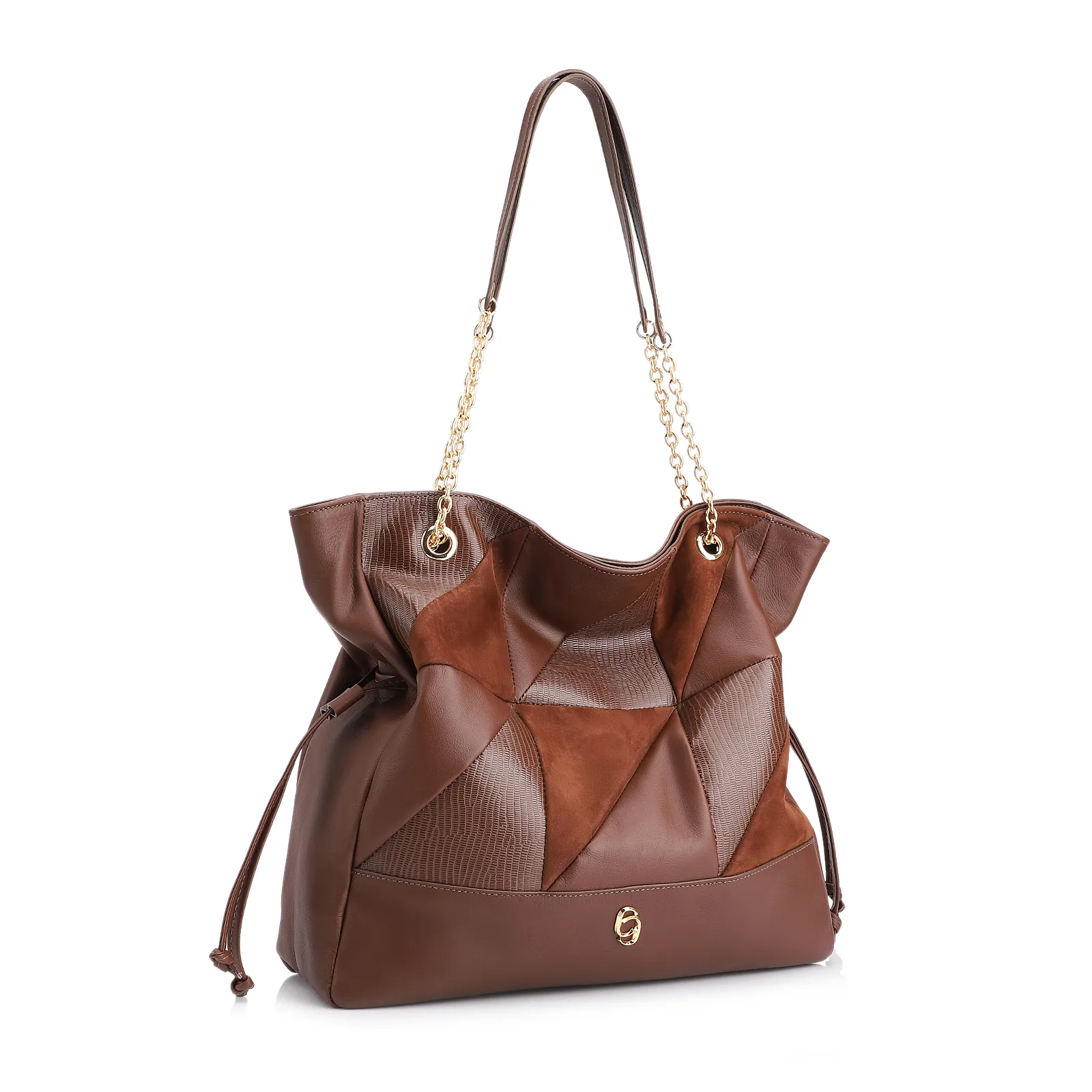 Bolsa Hobo Patchwork Couro Marrom/Patchwork Marrom