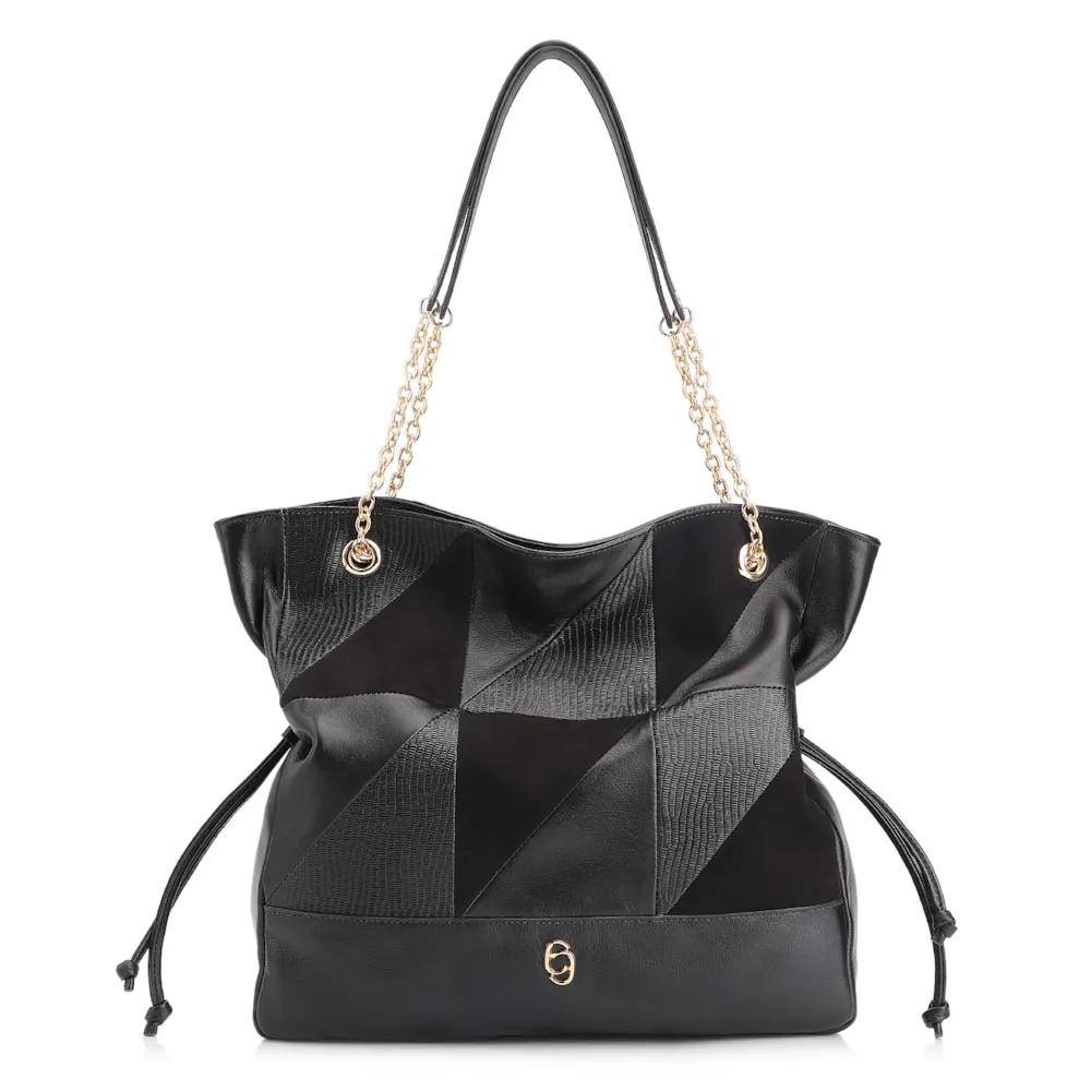 Bolsa Hobo Patchwork Couro Preto/Patchwork Preto